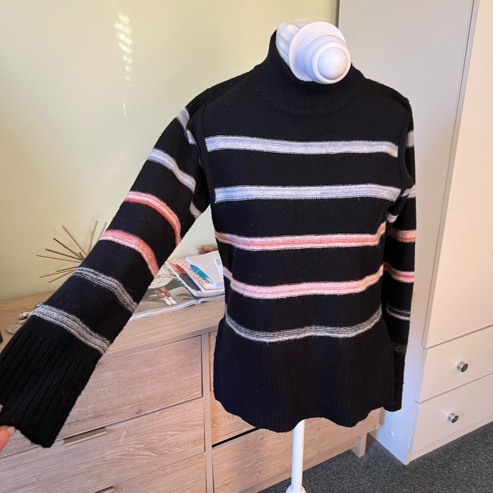 Colorful Stripe Knit Modest Long-Sleeve Mockneck Turtleneck Boxy Acrylic Sweater